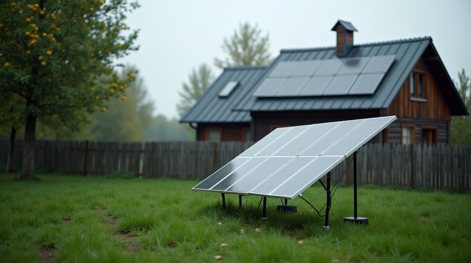 Приватний будинок із сонячними панелями на даху поруч із наземною конструкцією панелей на ділянці